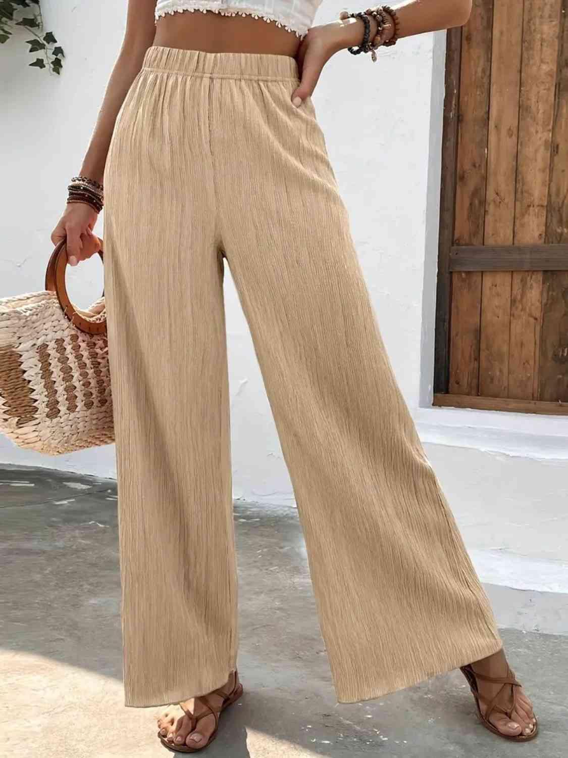Unrestrictive Fit Elastic Waist Wide Leg Pants - MXSTUDIO.COM
