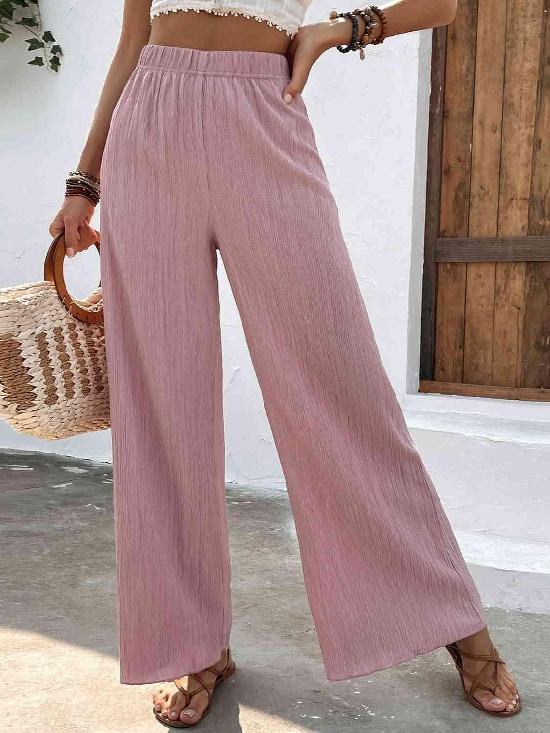 Unrestrictive Fit Elastic Waist Wide Leg Pants - MXSTUDIO.COM