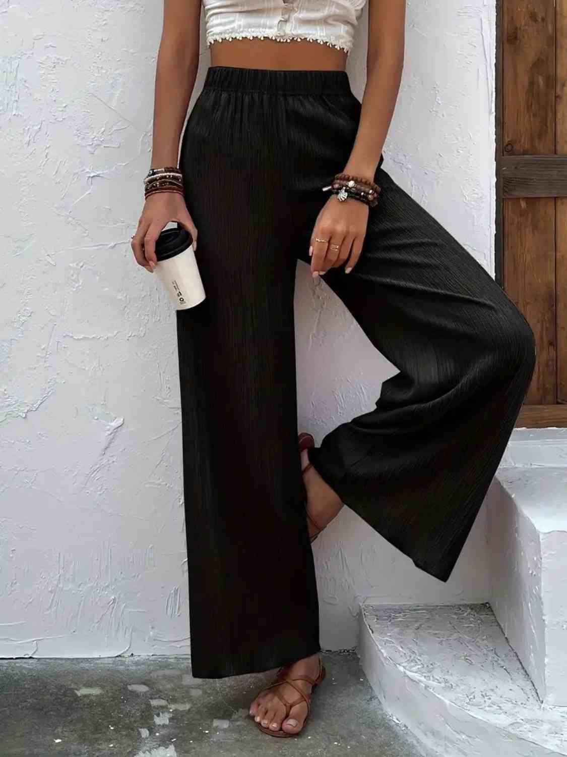 Unrestrictive Fit Elastic Waist Wide Leg Pants - MXSTUDIO.COM