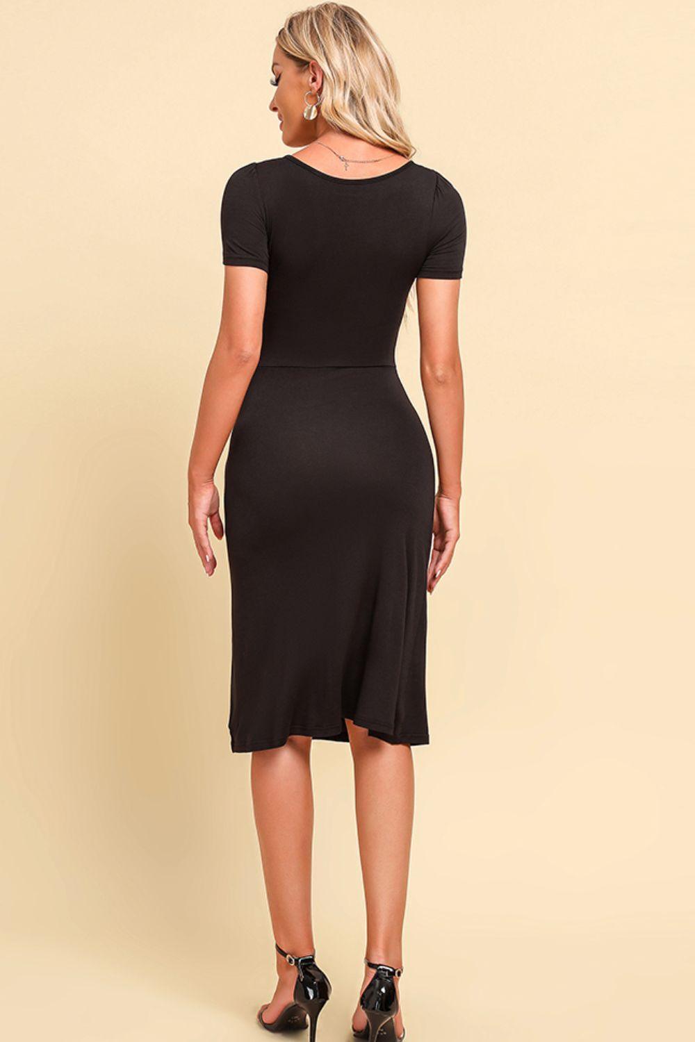 Unstoppable Short Sleeve Black Midi Slit Dress - MXSTUDIO.COM