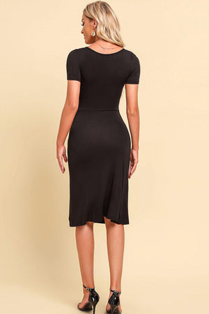 Unstoppable Short Sleeve Black Midi Slit Dress - MXSTUDIO.COM