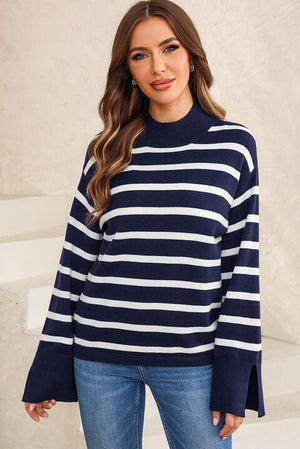Updated Fall Style Striped Slit Sleeve Sweater - MXSTUDIO.COM