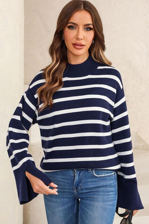Updated Fall Style Striped Slit Sleeve Sweater - MXSTUDIO.COM