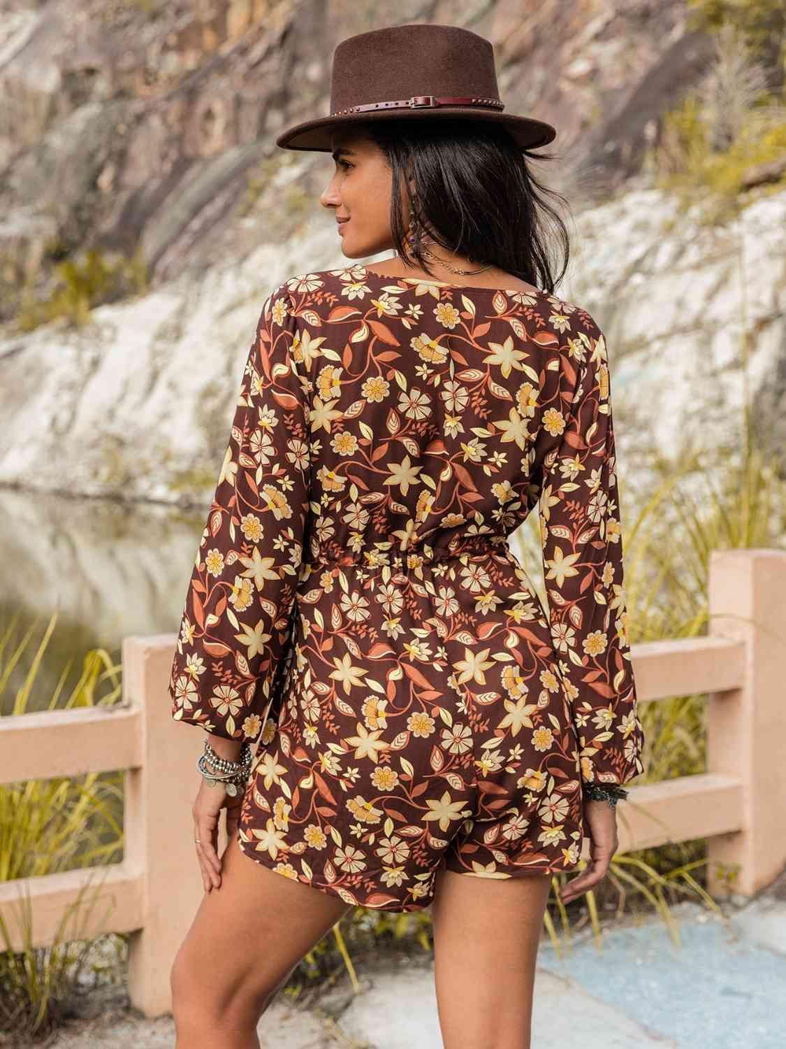 V-Neck Balloon Long Sleeve Floral Romper - MXSTUDIO.COM