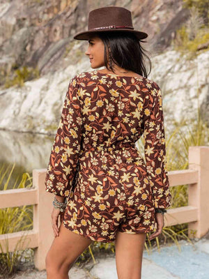 V-Neck Balloon Long Sleeve Floral Romper - MXSTUDIO.COM