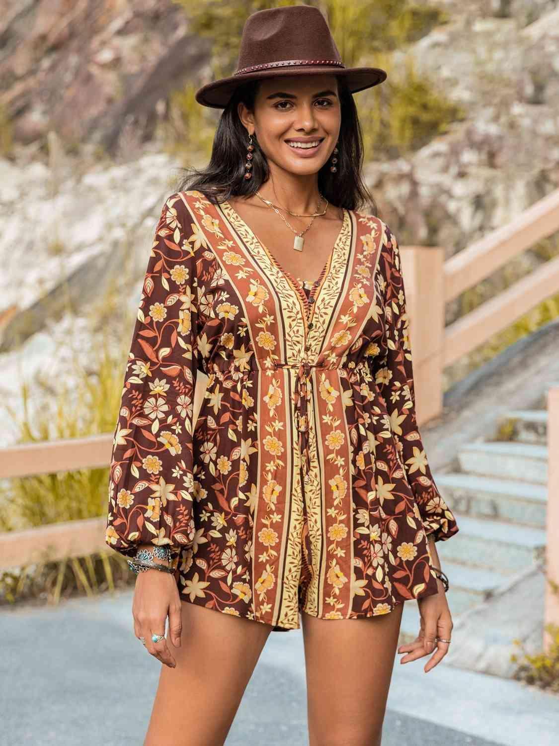 V-Neck Balloon Long Sleeve Floral Romper - MXSTUDIO.COM