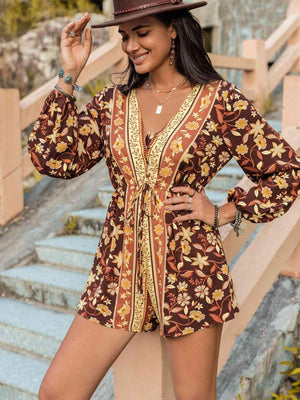 V-Neck Balloon Long Sleeve Floral Romper - MXSTUDIO.COM
