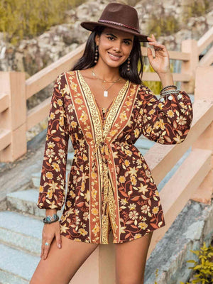 V-Neck Balloon Long Sleeve Floral Romper - MXSTUDIO.COM