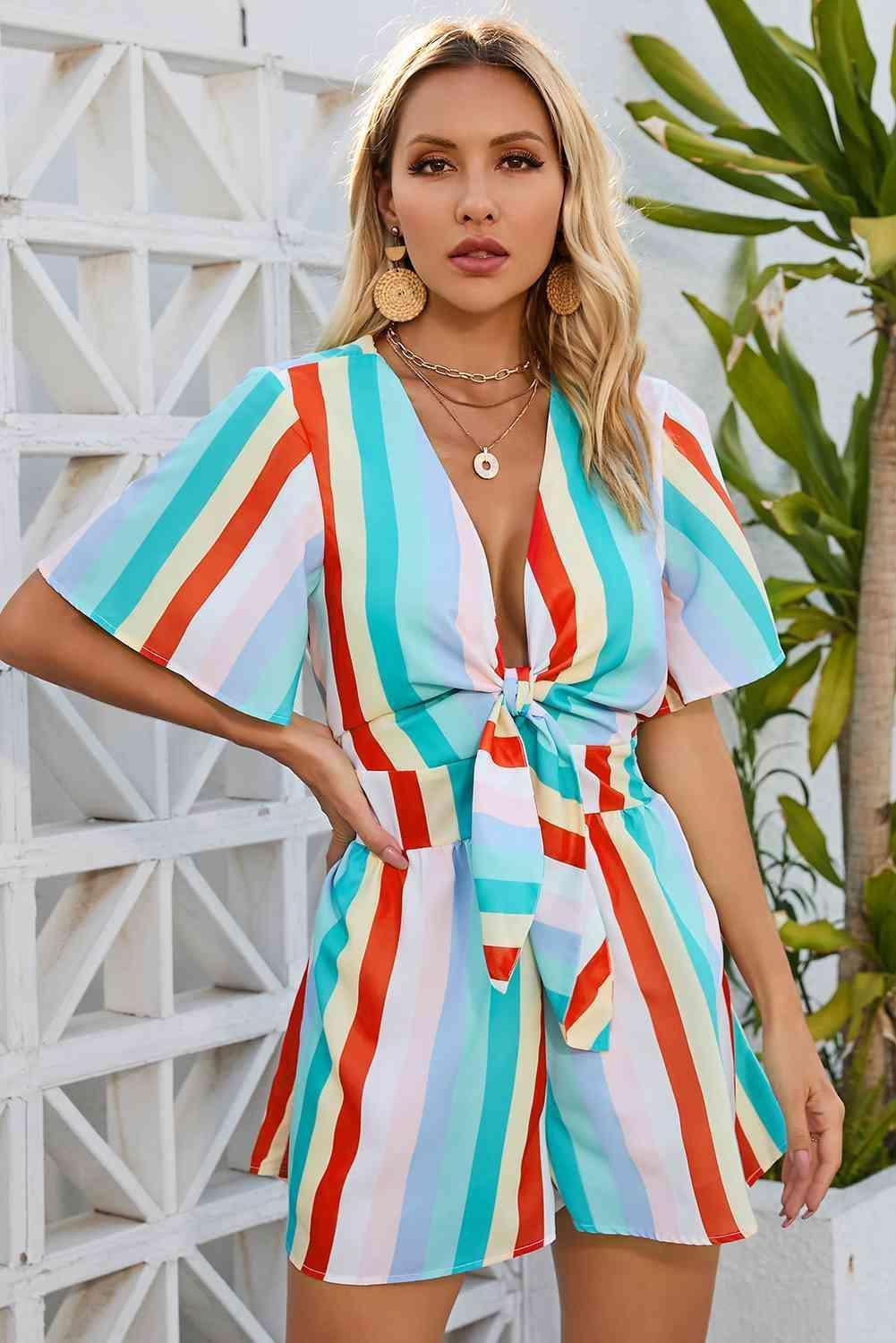 Vacation Aura Striped Tie Front Romper - MXSTUDIO.COM