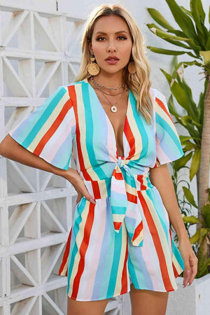 Vacation Aura Striped Tie Front Romper - MXSTUDIO.COM