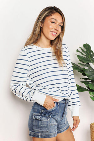 Versatile Crew Neck Striped Long Sleeve Top - MXSTUDIO.COM