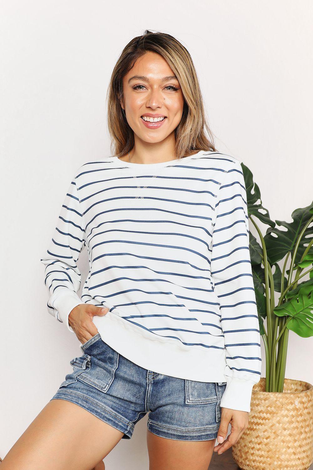 Versatile Crew Neck Striped Long Sleeve Top - MXSTUDIO.COM