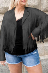 a woman wearing a black jacket and denim shorts