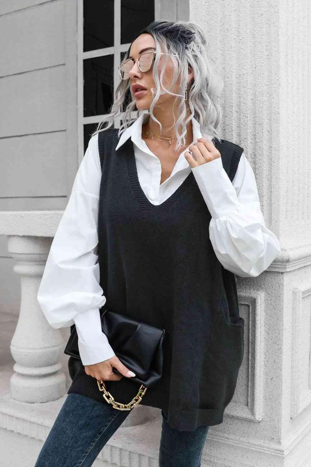 Versatile Sleeveless Black Sweater Vest - MXSTUDIO.COM