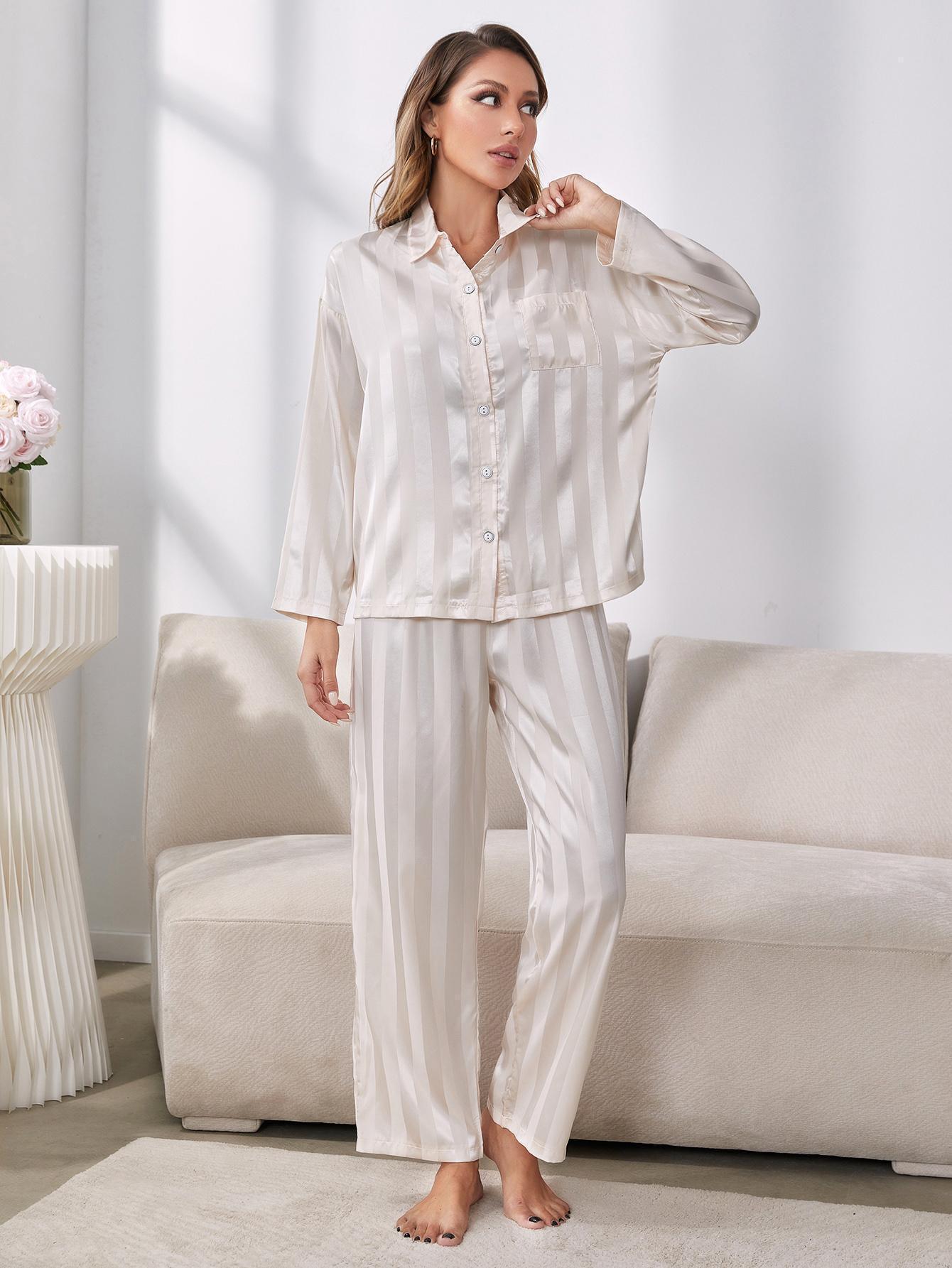 Vertical Stripe White Shirt And Pants Pajama Set - MXSTUDIO.COM
