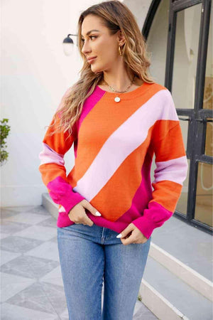 Vibrant Autumn Color Block Knitted Sweater - MXSTUDIO.COM