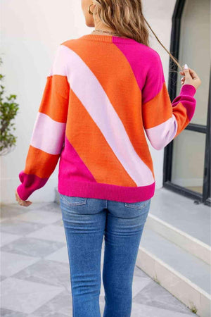 Vibrant Autumn Color Block Knitted Sweater - MXSTUDIO.COM