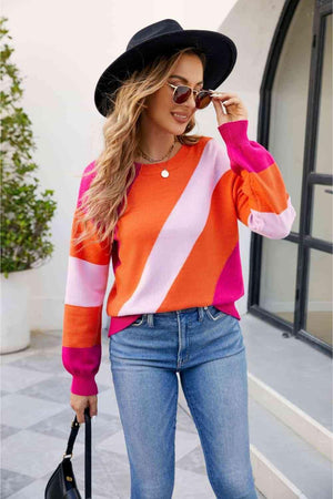 Vibrant Autumn Color Block Knitted Sweater - MXSTUDIO.COM