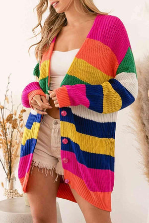 Vibrant Buttoned Striped Multicolor Cardigan-MXSTUDIO.COM