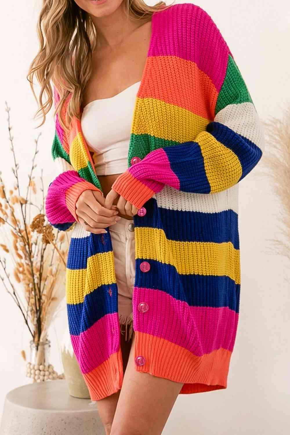 Vibrant Buttoned Striped Multicolor Cardigan-MXSTUDIO.COM