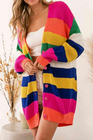 Vibrant Buttoned Striped Multicolor Cardigan-MXSTUDIO.COM