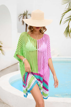 Vibrant Contrasting Colors Crochet Beach Cover-Up - MXSTUDIO.COM