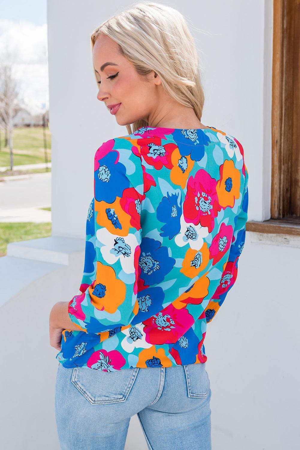 Vibrant Three-Quarter Sleeve Floral V Neck Top - MXSTUDIO.COM