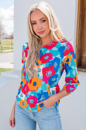 Vibrant Three-Quarter Sleeve Floral V Neck Top - MXSTUDIO.COM