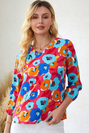 Vibrant Three-Quarter Sleeve Floral V Neck Top - MXSTUDIO.COM