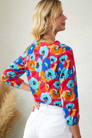Vibrant Three-Quarter Sleeve Floral V Neck Top - MXSTUDIO.COM