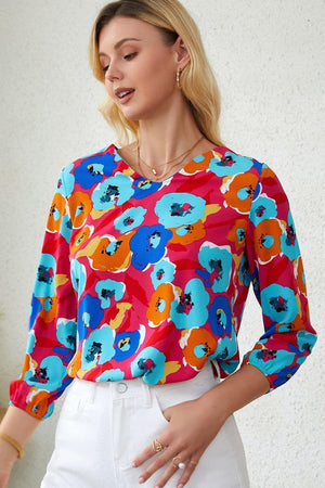 Vibrant Three-Quarter Sleeve Floral V Neck Top - MXSTUDIO.COM