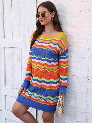 Vibrantly Cozy Long Sleeve Open Knit Sweater Dress - MXSTUDIO.COM