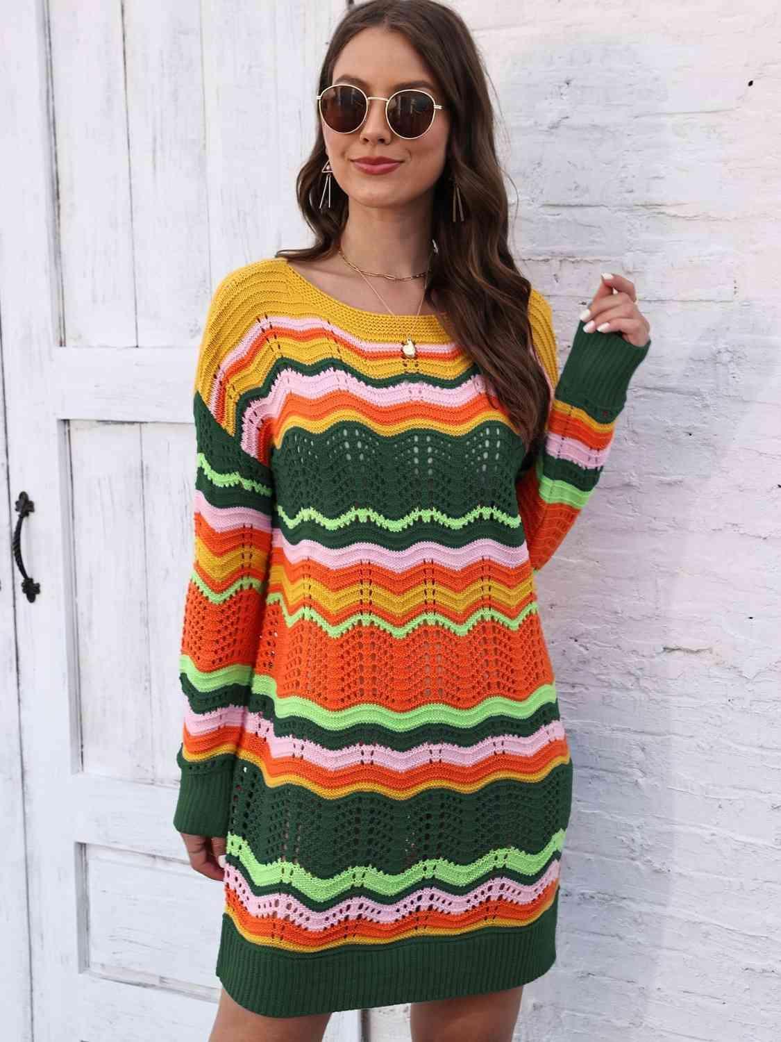 Vibrantly Cozy Long Sleeve Open Knit Sweater Dress - MXSTUDIO.COM
