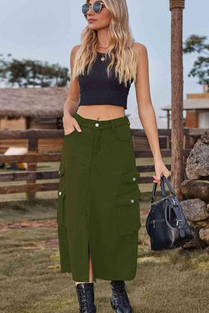 Vintage Beauty Slit Front Denim Cargo Midi Skirt - MXSTUDIO.COM