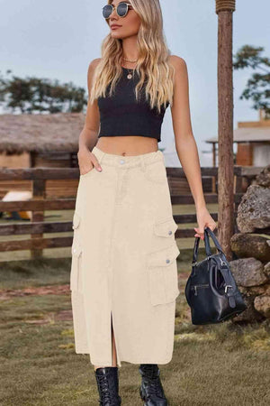 Vintage Beauty Slit Front Denim Cargo Midi Skirt - MXSTUDIO.COM