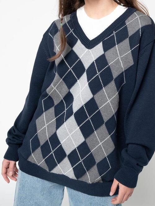Vintage Style Knit V-Neck Argyle Sweater-MXSTUDIO.COM