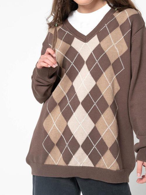 Vintage Style Knit V-Neck Argyle Sweater-MXSTUDIO.COM
