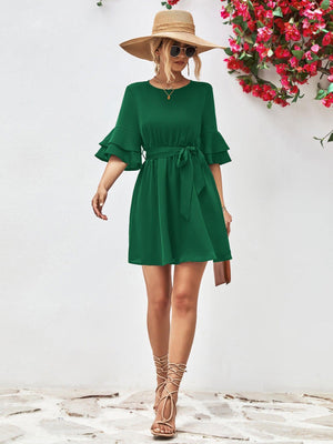 Voguish A-Line Mini Half Flounce Sleeve Dress - MXSTUDIO.COM