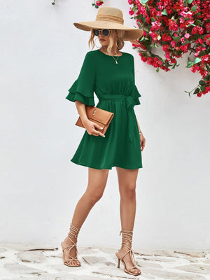 Voguish A-Line Mini Half Flounce Sleeve Dress - MXSTUDIO.COM