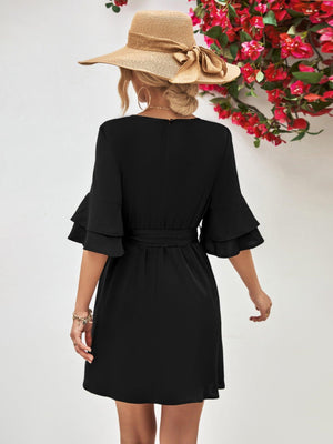 Voguish A-Line Mini Half Flounce Sleeve Dress - MXSTUDIO.COM