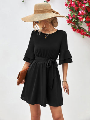 Voguish A-Line Mini Half Flounce Sleeve Dress - MXSTUDIO.COM
