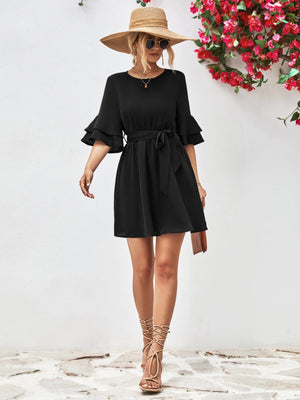 Voguish A-Line Mini Half Flounce Sleeve Dress - MXSTUDIO.COM
