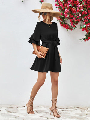 Voguish A-Line Mini Half Flounce Sleeve Dress - MXSTUDIO.COM