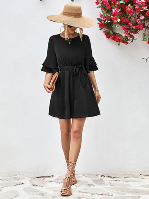 Voguish A-Line Mini Half Flounce Sleeve Dress - MXSTUDIO.COM