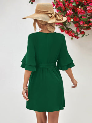 Voguish A-Line Mini Half Flounce Sleeve Dress - MXSTUDIO.COM