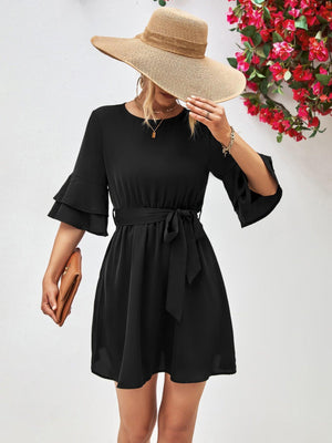 Voguish A-Line Mini Half Flounce Sleeve Dress - MXSTUDIO.COM
