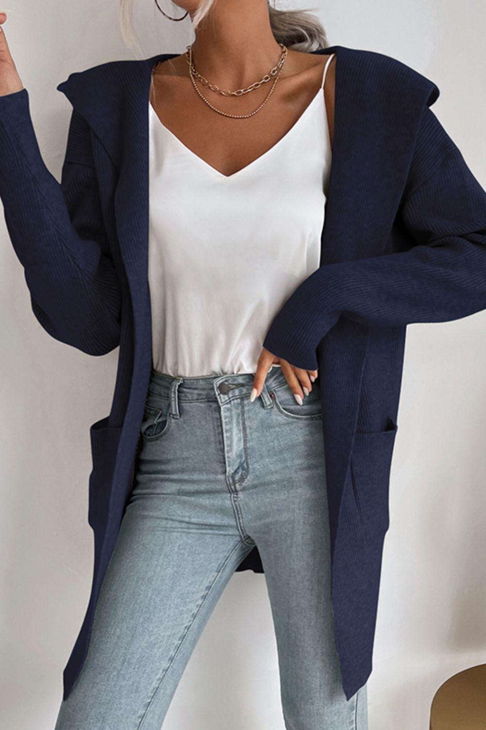 Voicing Oneself Ribbed Hooded Open Front Cardigan - MXSTUDIO.COM