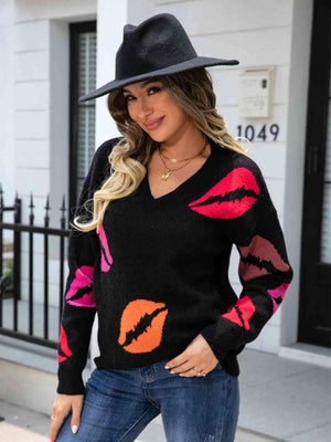Voluptuous V-Neck Knitted Lips Sweater - MXSTUDIO.COM