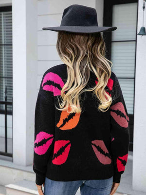 Voluptuous V-Neck Knitted Lips Sweater - MXSTUDIO.COM