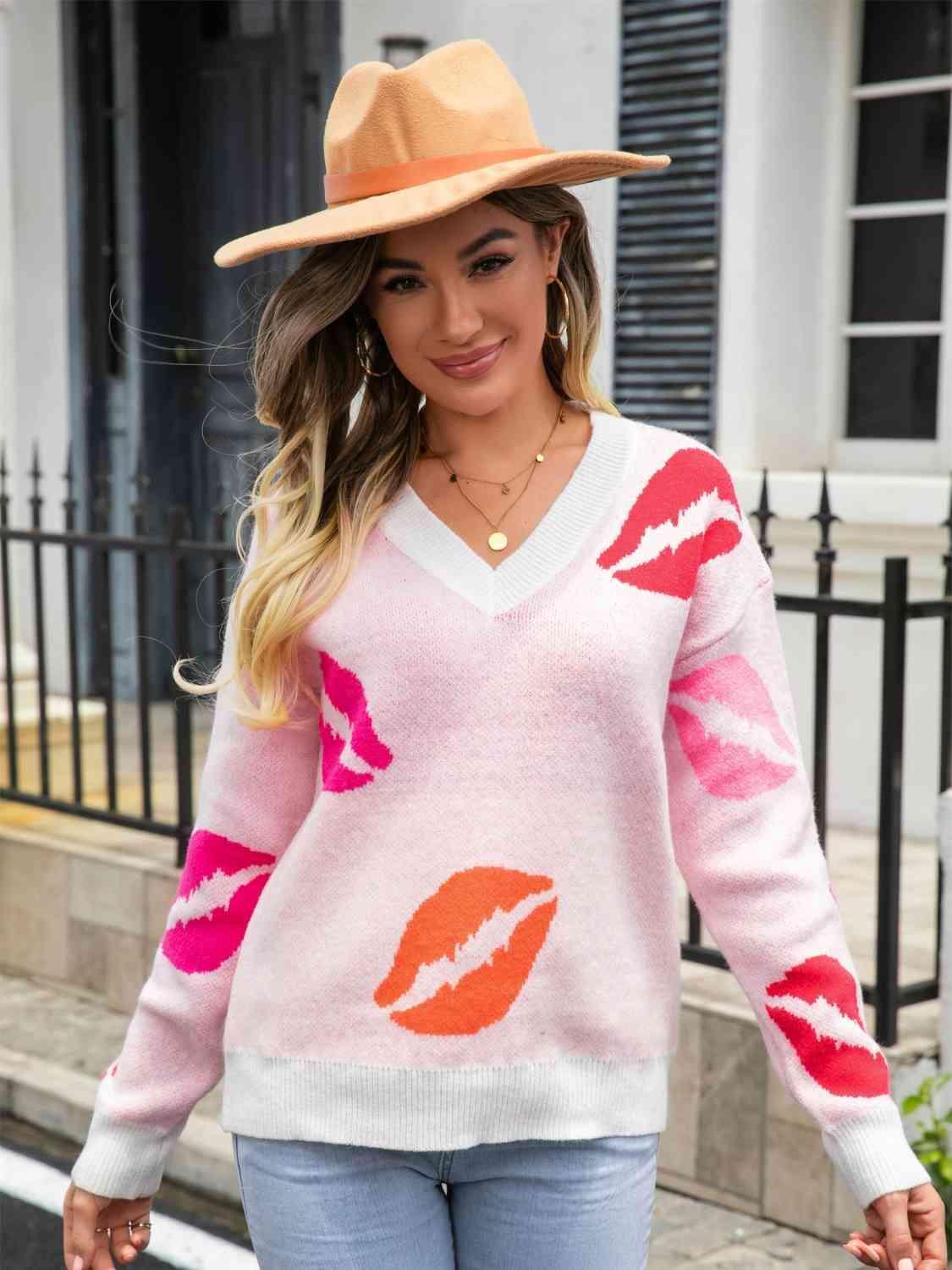 Voluptuous V-Neck Knitted Lips Sweater - MXSTUDIO.COM